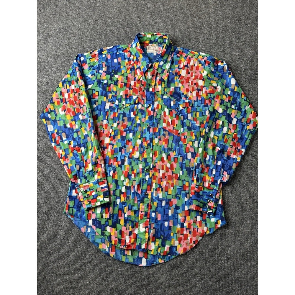 Mens 80s Western Wrangler Permanent Press Abstract Snap Shirt, Size‎ L